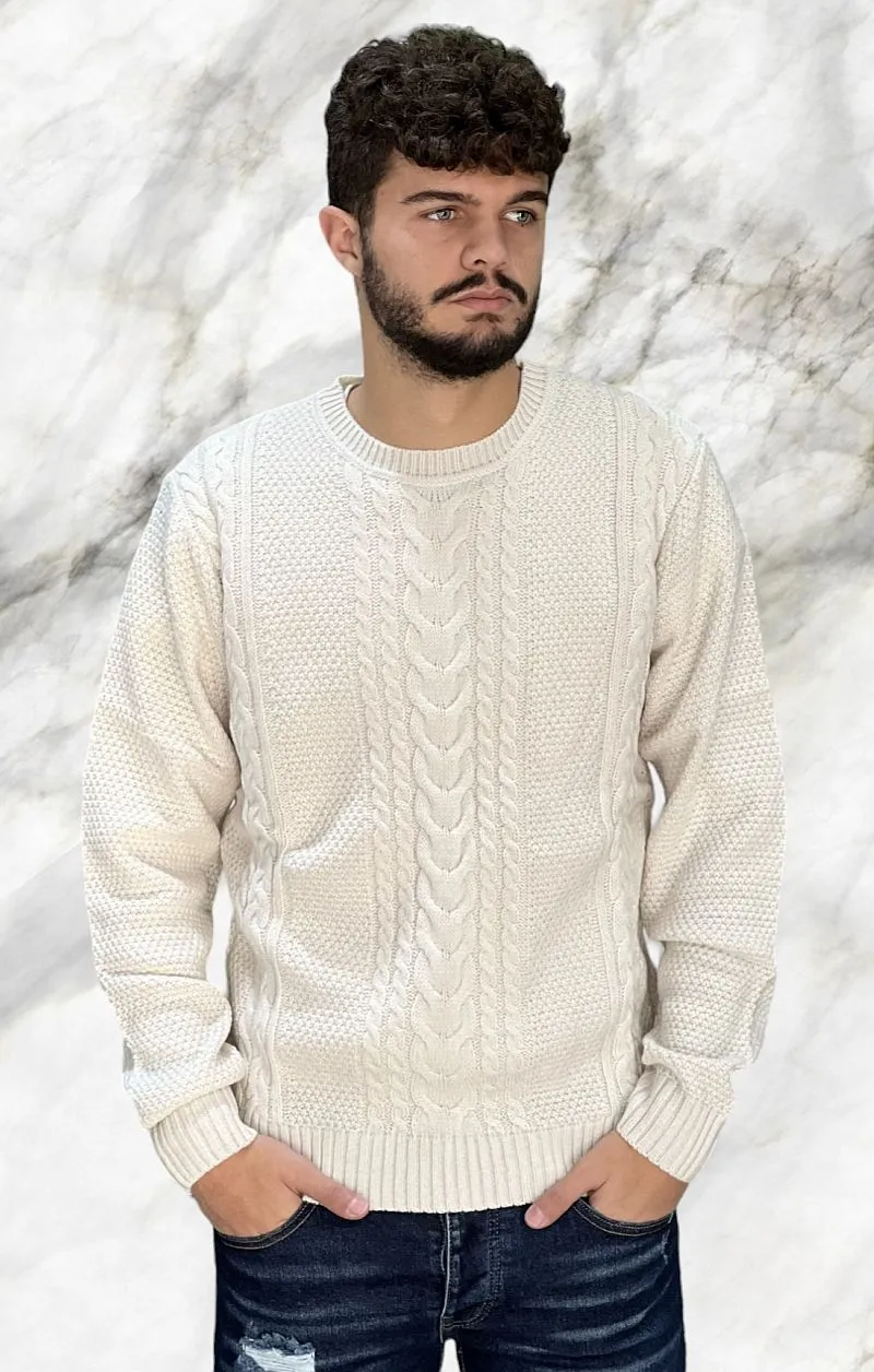 TIFFOSI Maglione Girocollo Lavorato a Trecce - Milk